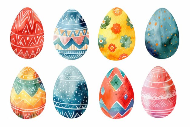 Un ensemble d'œufs de Pâques colorés isolés sur des décorations d'oeufs de pâques à l'aquarelle blanche en couleurs vives