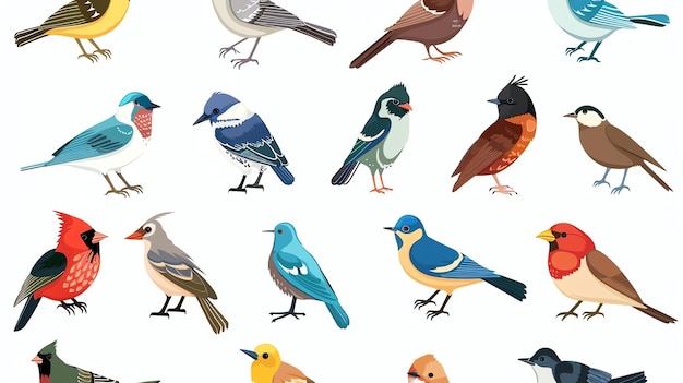 Un ensemble d'oiseaux de dessins animés mignons Les oiseaux sont tous de couleurs différentes et ont des marques différentes
