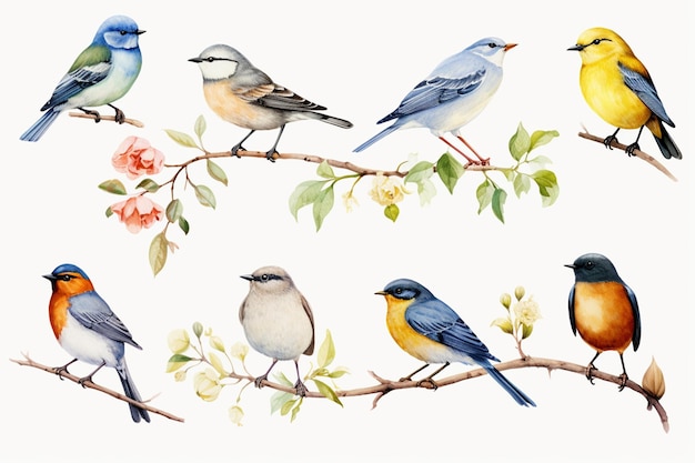 Un ensemble d'oiseaux sur fond blanc créé à l'aquarelle