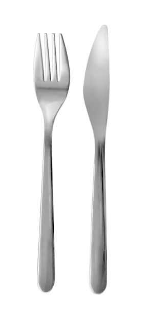 Ensemble d'or de fourchette, couteau isolé sur blanc avec un tracé de détourage