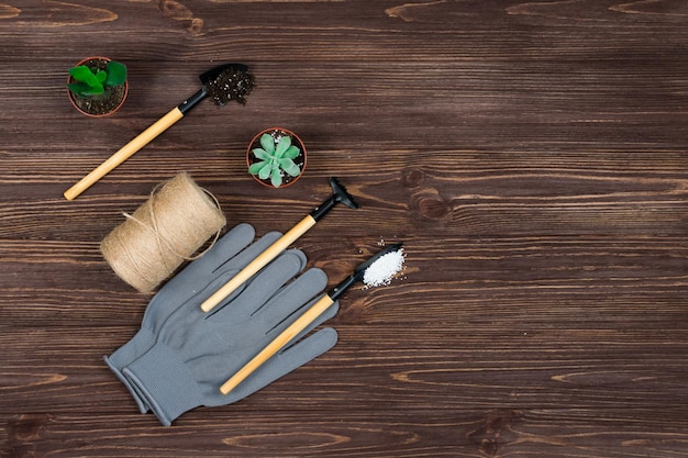 Ensemble d'outils de jardin avec des gants et un pot pour transplanter des fleurs sur un fond sombre texturé en bois Place pour une inscription Vue d'en haut