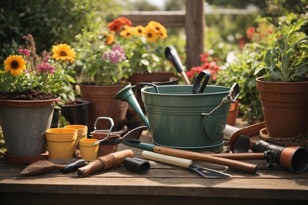 Ensemble d'outils de jardinage pour jardinier et pots de fleurs dans un jardin ensoleillé