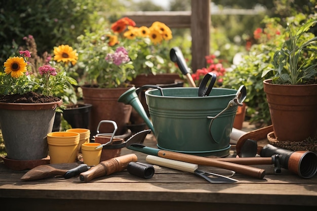 Ensemble d'outils de jardinage pour jardinier et pots de fleurs dans un jardin ensoleillé