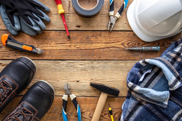 Photo ensemble d'outils de réparation et uniforme de travail sur fond plat en bois