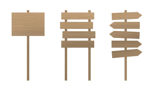 Ensemble de panneaux de signalisation en bois isolé sur fond blanc avec chemin de détourage