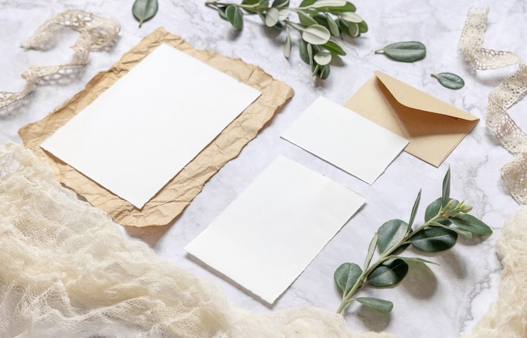 Photo ensemble de papeterie de mariage avec enveloppe posée sur une table en marbre décorée de branches et de rubans d'eucalyptus. scène de maquette avec des cartes de vœux en papier vierge. gros plan féminin