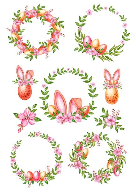 Ensemble de Pâques aquarelle d'oeufs d'oreilles de lapin cadres sur fond blanc