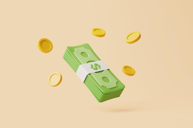 Ensemble de paquets d'argent et de pièces d'or flottant sur un fond beige dollars américains rendu 3D