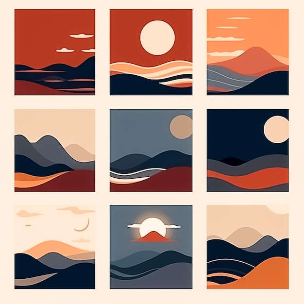 Ensemble de paysage avec montagnes Coucher de soleil et forêt Images d'illustration abstraites générées par Ai