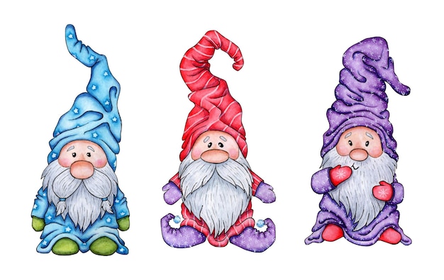 Ensemble de peinture à l'aquarelle de gnomes Illustrations de personnages de contes de fées dans le style scandinave