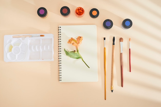 Ensemble de peinture à l'aquarelle, de pinceaux d'art et de papier sur un bureau