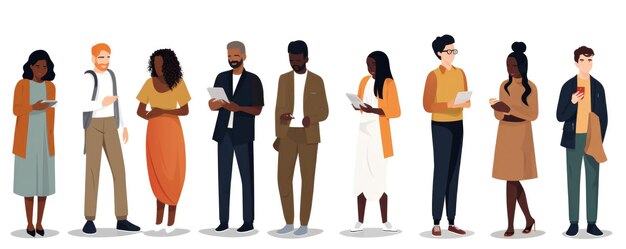 Photo un ensemble de personnages de différentes races avec un smartphone dans un style plat sur fond blanc