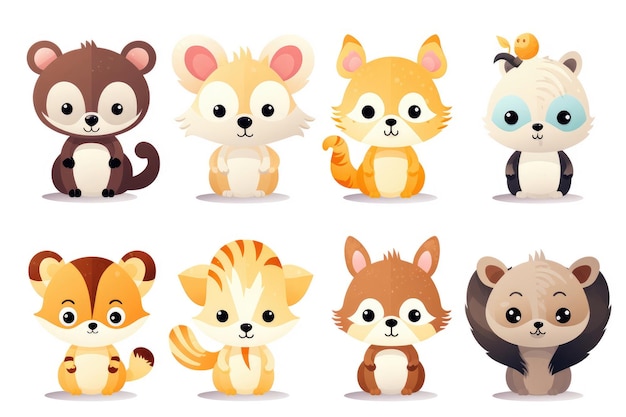 Ensemble de personnages de petits animaux de dessins animés isolés sur fond blanc