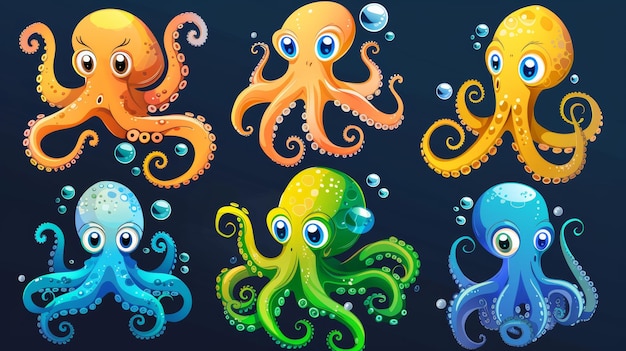 Un ensemble de personnages de pieuvre isolés sur un fond bleu jaune vert orange Illustration de dessin animé d'une créature sous-marine avec de nombreux tentacules et de grands yeux