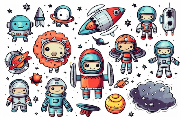 un ensemble de personnages spatiaux de dessins animés avec différents types d'ai génératifs spatiaux