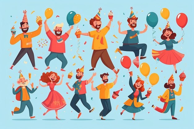 Photo ensemble de personnes de dessins animés heureuses se divertissant lors d'une fête d'anniversaire illustration vectorielle plate concept de personnages d'amis célébrant des vacances isolés sur blanc