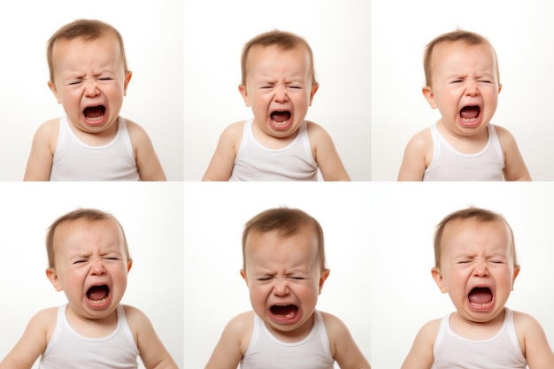 Ensemble de photo Gros plan d'un mignon petit bébé garçon pleurant et criant isolé sur blanc