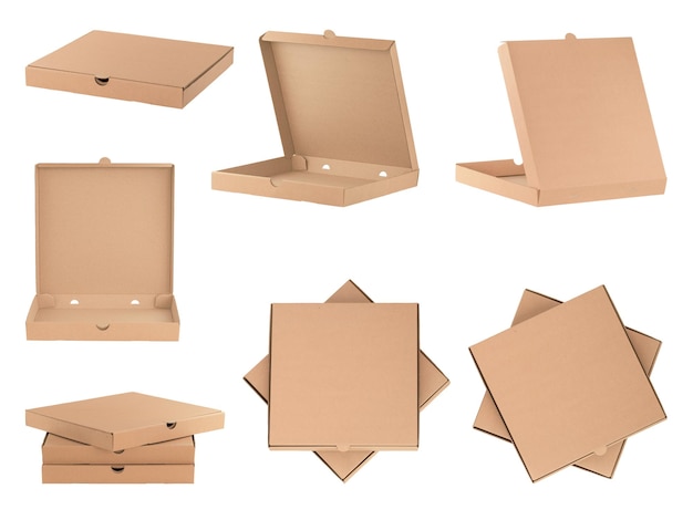 Photo ensemble de photos de boîte à pizza en carton modèle d'emballage alimentaire en papier artisanal différents angles de vue
