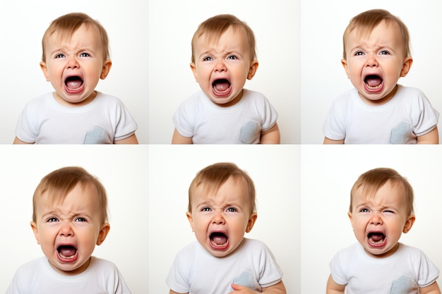 ensemble de photos d'une photo en gros plan d'un mignon petit bébé garçon qui pleure et crie