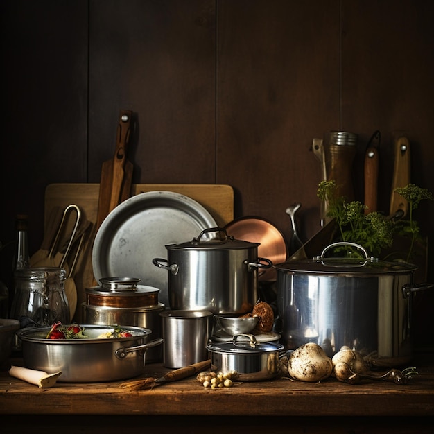 Un ensemble de photos d'ustensiles de cuisine sur un comptoir de cuisine