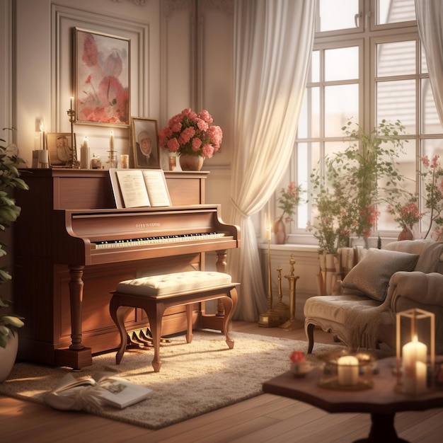Ensemble de piano antique dans une pièce élégamment meublée Incorporez une fenêtre à proximité avec une lumière douce et chaude