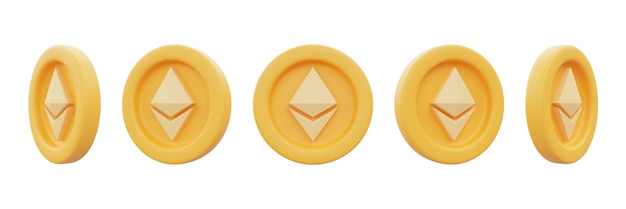 Ensemble de pièces d'or Ethereum isolées sur fond blanc, crypto-monnaie, technologie blockchain, style minimal. Rendu 3d.