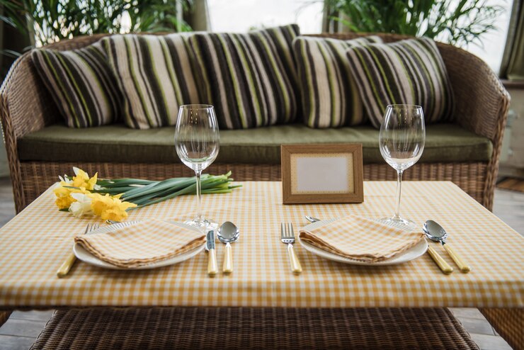 Photo ensemble de pique-nique. couverts, nappe, panier, cuillères, fourchettes, couteaux, verres, serviettes. un rendez-vous romantique. week-end en famille. cellule jaune. famille parfaite. narcisses. un cadre pour le texte ou la photo.