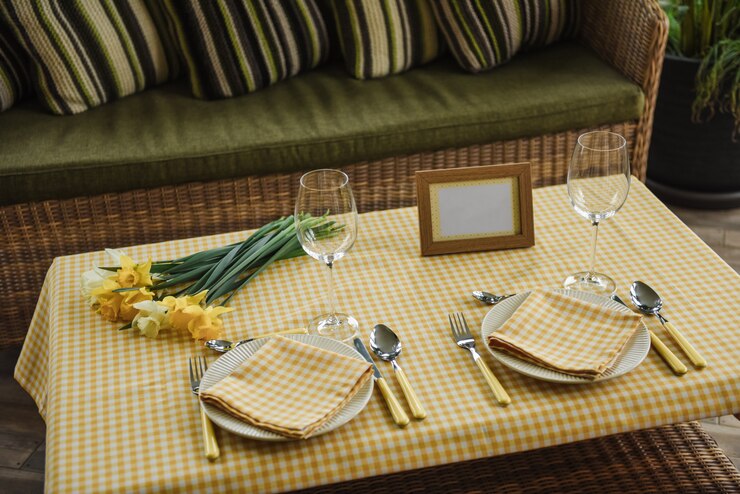 Photo ensemble de pique-nique. couverts, nappe, panier, cuillères, fourchettes, couteaux, verres, serviettes. un rendez-vous romantique. week-end en famille. cellule jaune. famille parfaite. narcisses. un cadre pour le texte ou la photo.