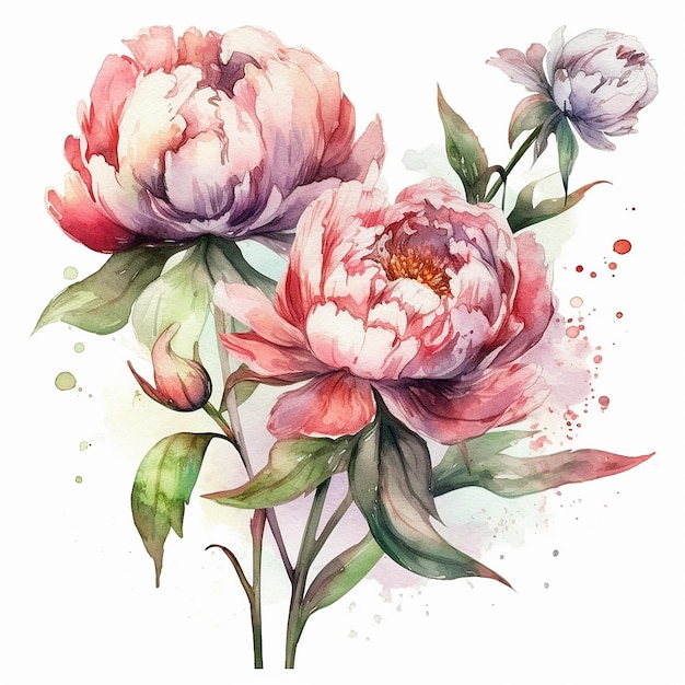 ensemble de pivoines aquarelles avec feuilles et fleurs