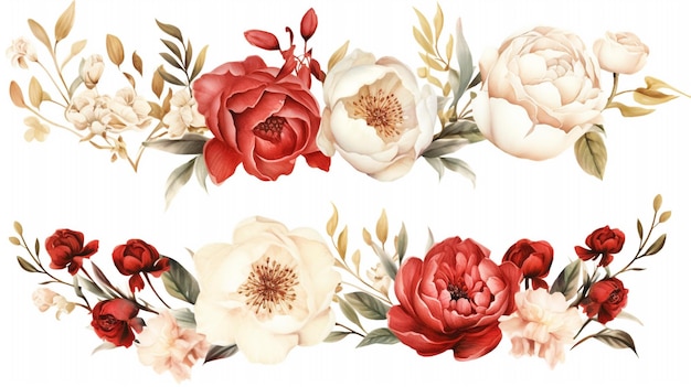 Ensemble de pivoines rouges et blanches délicates et illustration aquarelle de cadres dorés