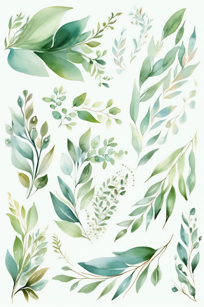 Un ensemble de plantes aquarelles sur fond blanc