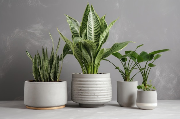 Ensemble de plantes d'intérieur modernes dans des pots en béton rétro