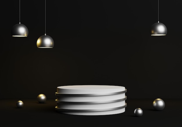 Ensemble de podium de support de cylindre 3d réaliste noir et blanc dans l'abstrait avec lampe