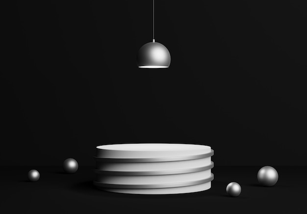 Ensemble de podium de support de cylindre 3d réaliste noir et blanc dans l'abstrait avec lampe