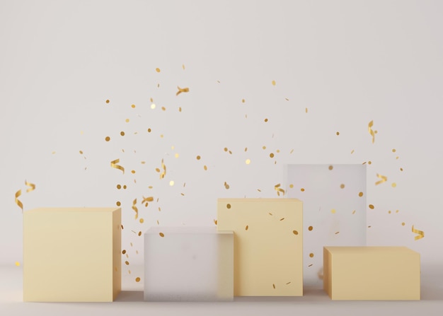 Ensemble de podiums avec des confettis tombant sur fond beige Podiums élégants pour la présentation cosmétique du produit Maquette de luxe Piédestal ou plate-forme pour produits de beauté Scène vide Rendu 3D