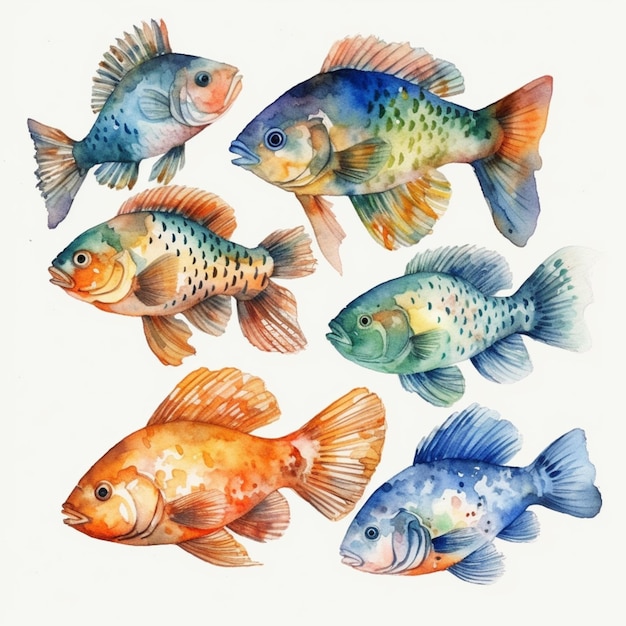 Un ensemble de poissons peints à l'aquarelle