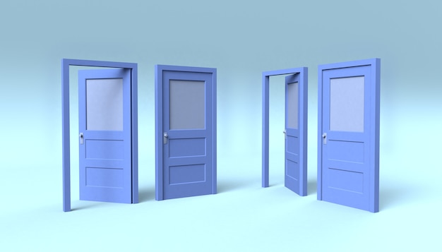 Ensemble de portes bleues ouvertes et fermées. La salle des idées. illustration 3D. Minimal.