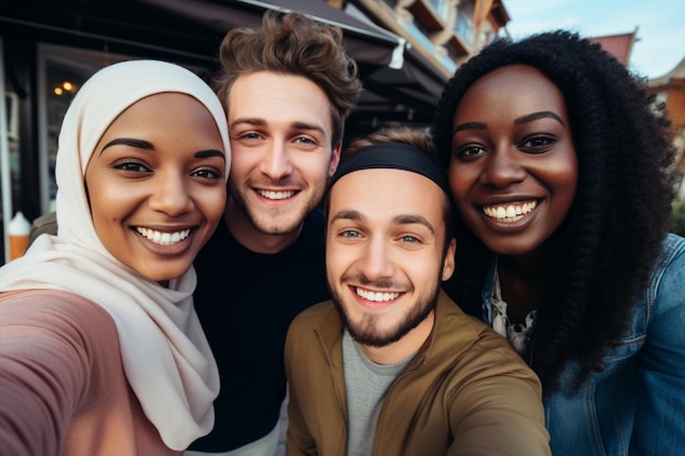 Ensemble portrait de groupe sourire amitié personne femmes femmes hommes heureux amis joyeux rire à l'extérieur amusant jeune style de vie caucasien adulte