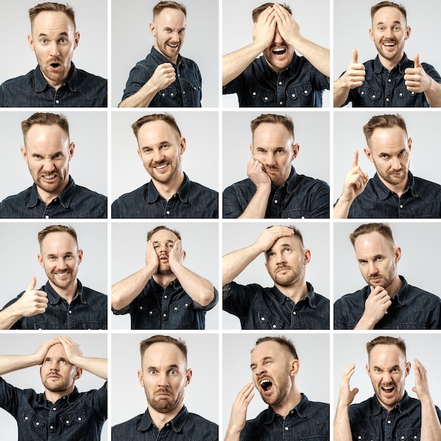 Photo ensemble de portraits de jeune homme avec différentes émotions