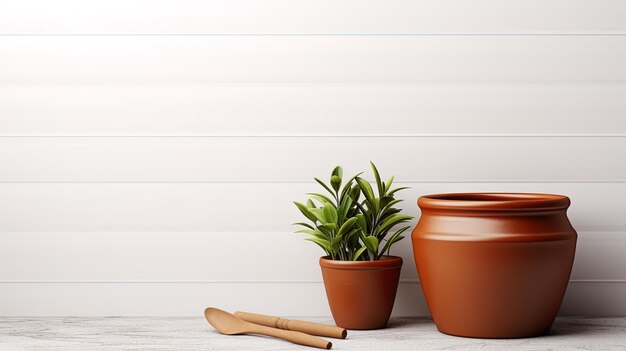 Photo un ensemble de pots en argile avec une plante sur le dessus.