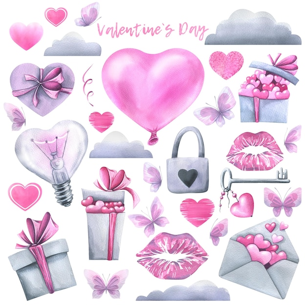 Ensemble pour la Saint-Valentin Avec des coffrets cadeaux avec des coeurs, des papillons, des nuages, des ballons, des serrures et des impressions de lèvres clés Illustration aquarelle des objets isolés sur fond blanc