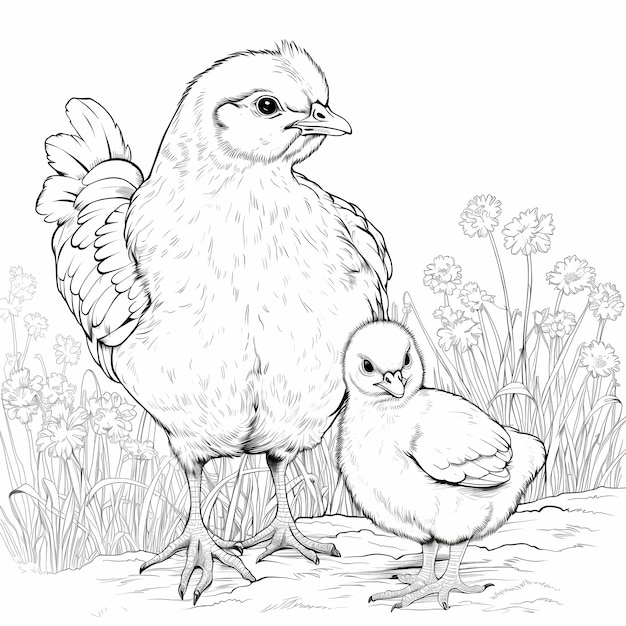 Ensemble pour toujours, adorable bébé poussin et maman poulet amusant à colorier.