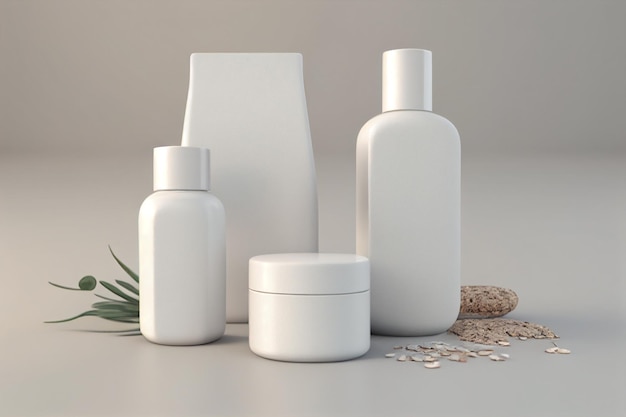 Ensemble de produits cosmétiques blancs sur fond gris rendu 3d ai génératif