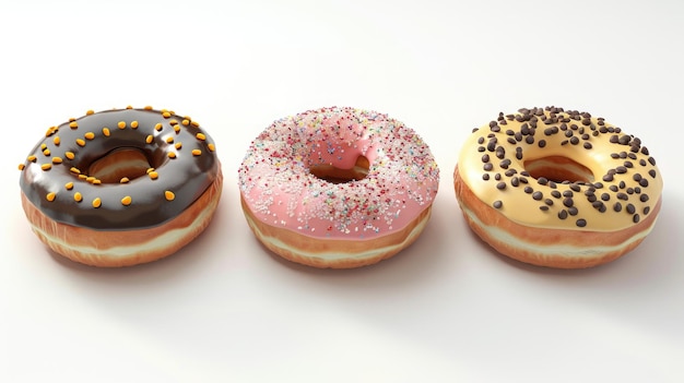 Un ensemble de quatre beignets glacés différents isolés sur un fond blanc