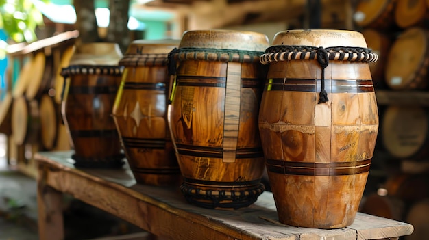 Photo un ensemble de quatre bongos en bois les bongos sont fabriqués à partir d'une seule pièce de bois et ont une finition naturelle