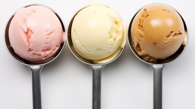 Ensemble de quatre boules de crème glacée différentes isolées sur un fond blanc Vue supérieure IA générative
