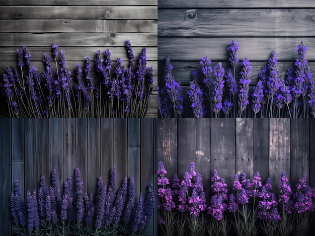 un ensemble de quatre photos d'un bouquet de lavande sur un fond en bois