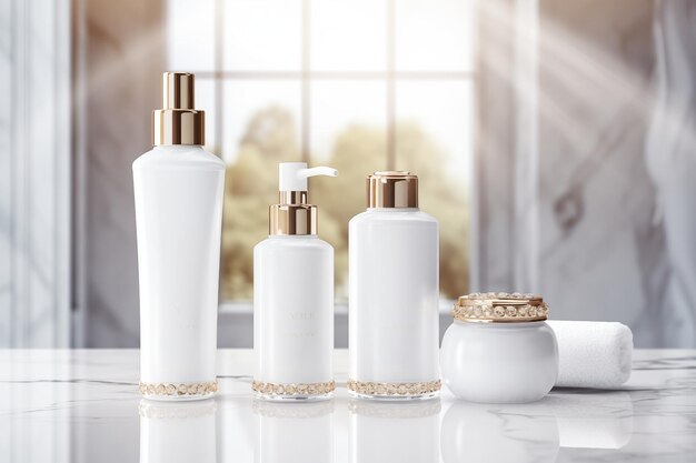 Un ensemble de quatre produits de beauté blancs sont exposés sur un comptoir en marbre