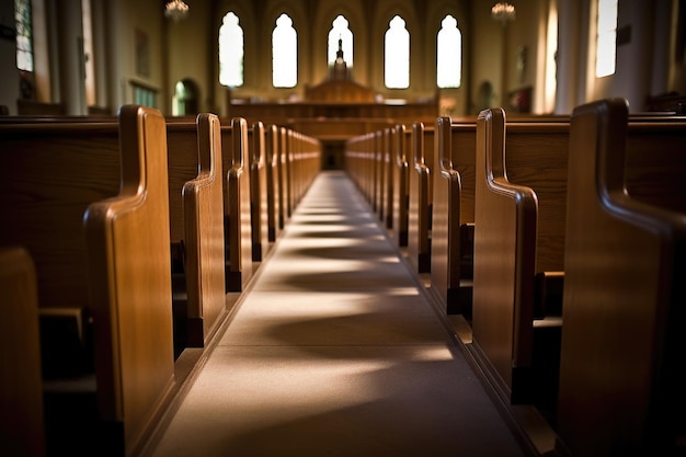 Un ensemble de rangées de bancs dans une église vide