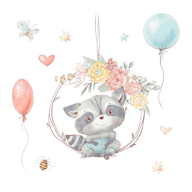 Ensemble de raton laveur de dessin animé mignon avec des fleurs et des ballons. Coeurs de papillon d'abeille.